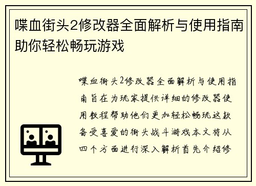 喋血街头2修改器全面解析与使用指南助你轻松畅玩游戏